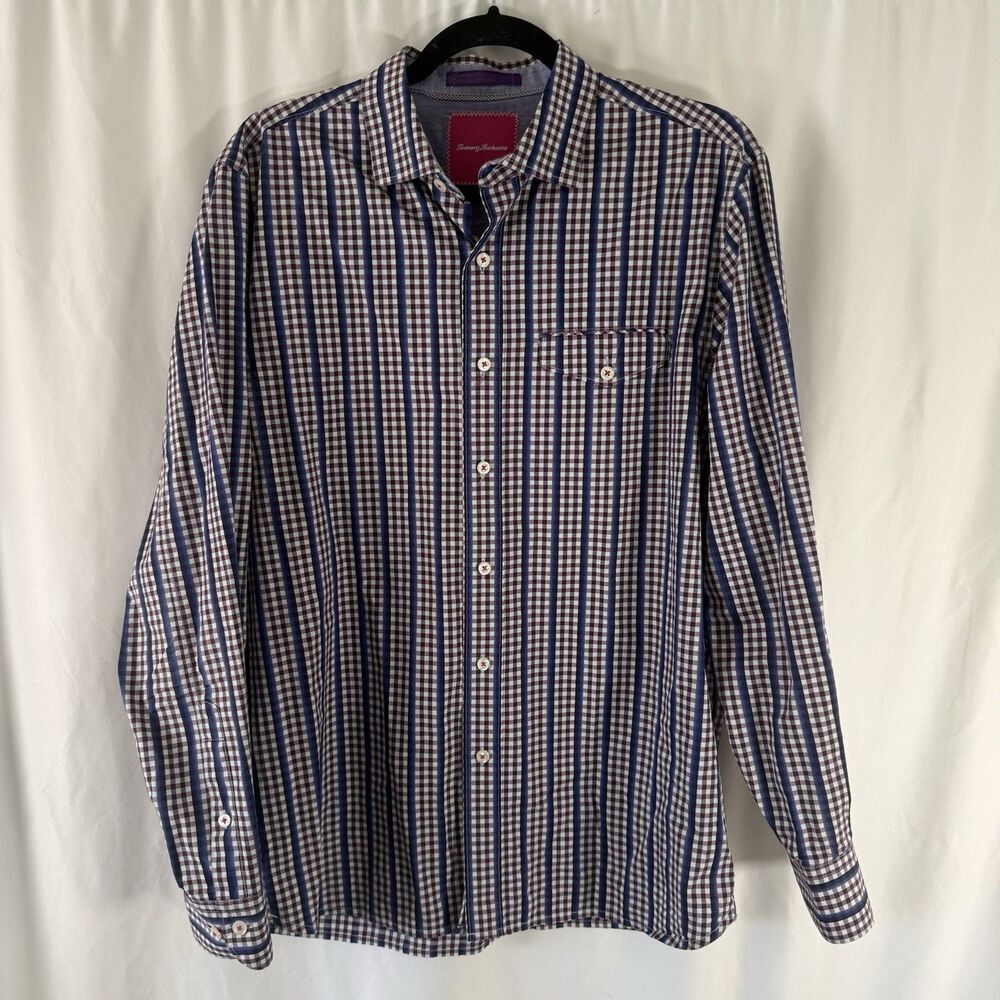 Tommy Bahama Dress Shirt Men's Medium Purple Plaid Button Up Long Sleeve